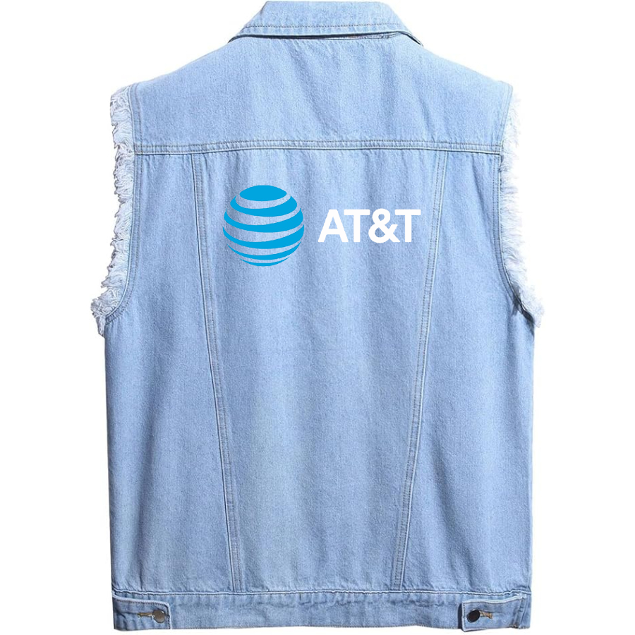 Men's  AT&T Sleeveless Distressed Denim Vest Rugged Black Jean Jacket